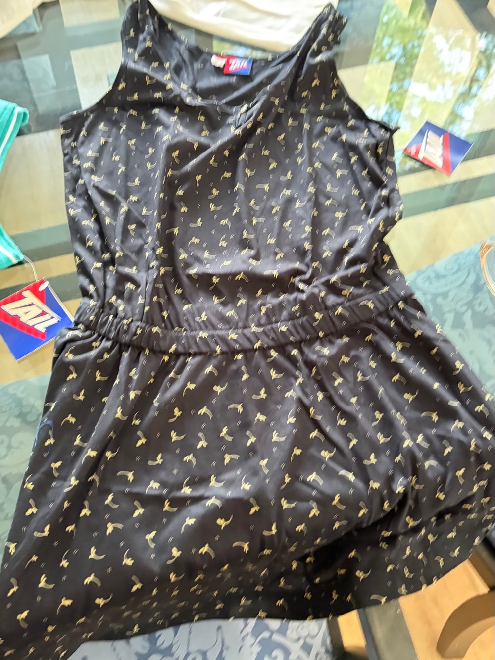 Tail Black Mini Dress with Gold Bird Print
